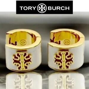 NWT - TORY BURCH - BRITTEN GOLD & WHITE ENAMEL HUGGIE EARRINGS
